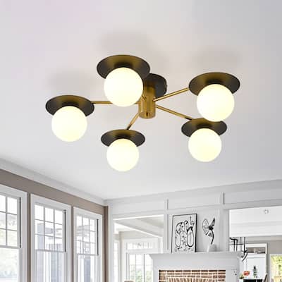 Sputnik Matte Black and Gold 5-Light Semi Flush Mount Light - Matte Black + Gold