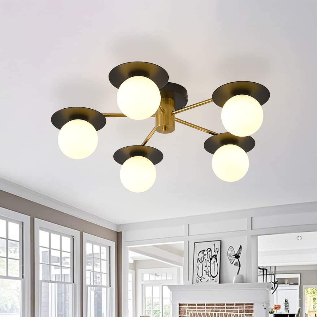 Sputnik Matte Black and Gold 5-Light Semi Flush Mount Light - Matte Black + Gold