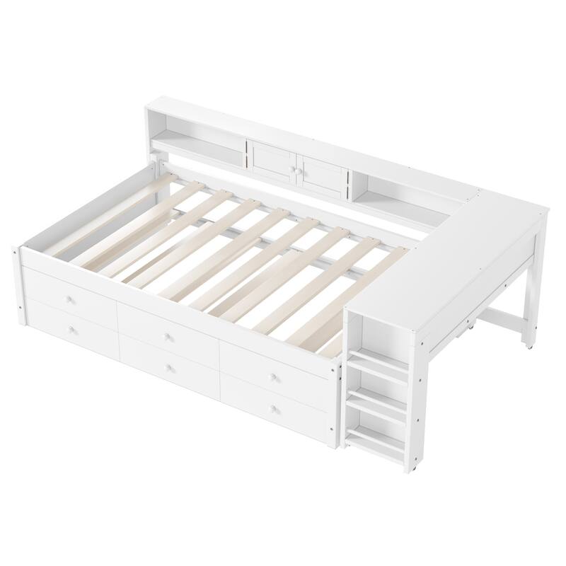 Full/Twin Daybed with Trundle & Storage Drawers - Wood Frame with Side Shelves and Desk