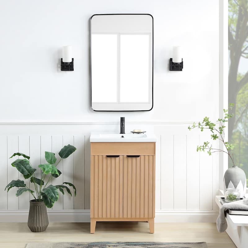 Palos Single Bath Vanity with Ceramic Basin Top without Mirror - 24in. - Fir Wood Brown