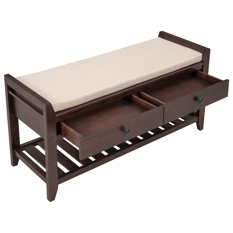 Shoe Rack with Cushioned Seat and Drawers, Multipurpose Entryway Storage Bench (White)