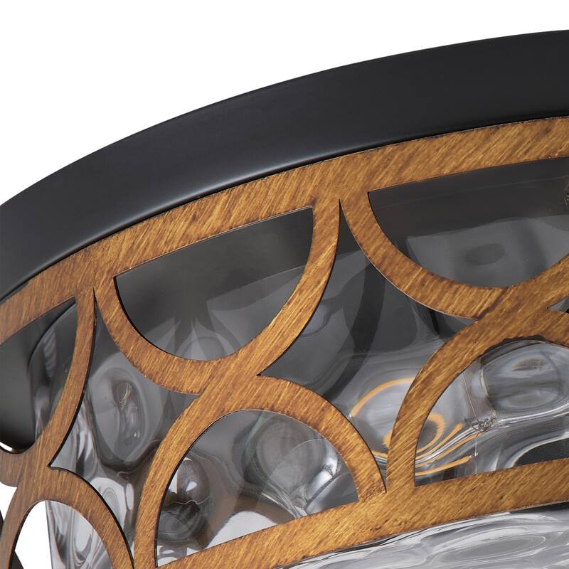 Matte Black 2-Light Rippled Glass Flush Mount Ceiling Light with Antique Brass Metal Shade
