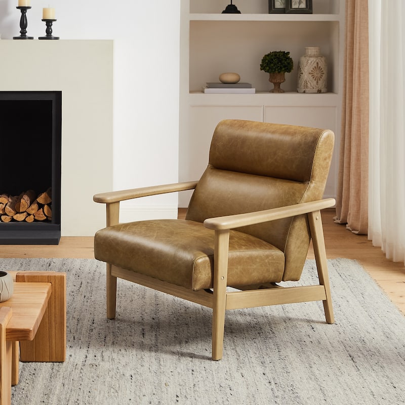 Modern Genuine Leather Accent Armchair with Natural Solid Wood Frame - Light Brown