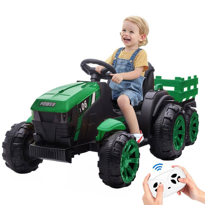 12V Kids Ride On Tractor with Trailer - Green
