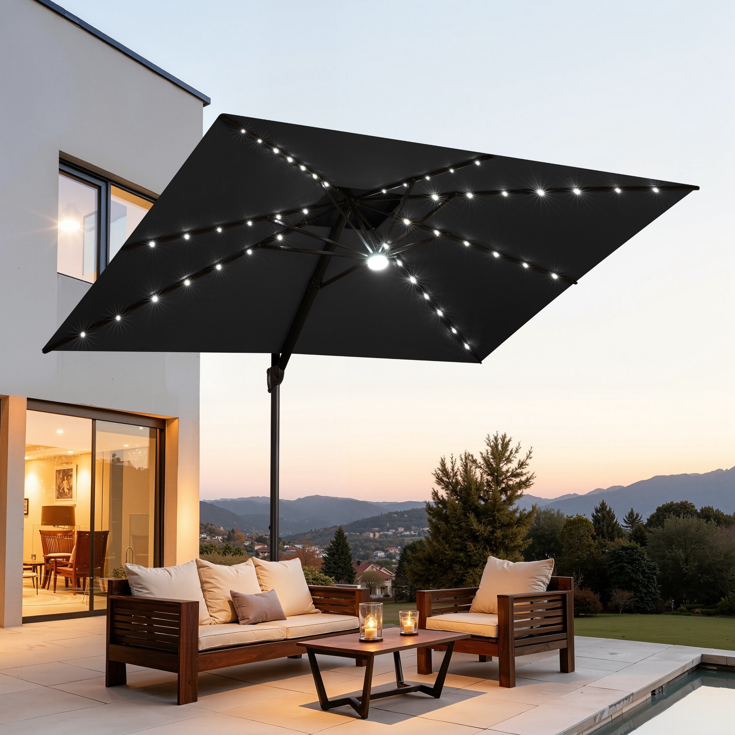 best large free standing patio umbrella 15ft Extra Outdoor with Solar Lights & Base, Navy charging solar panels and 36 LED lights Walsunny 15 ft Extra Large