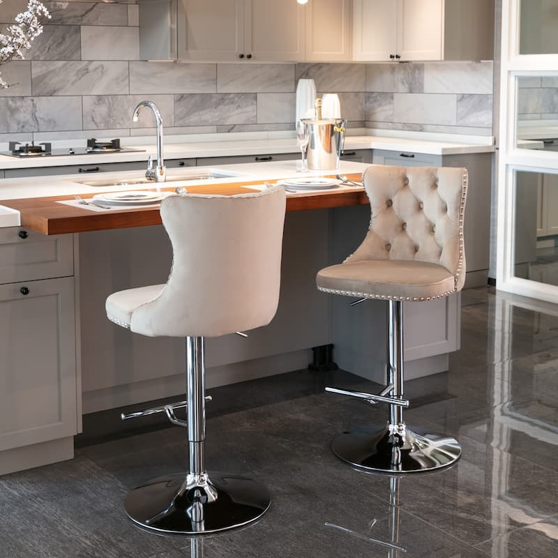Counter Height Swivel Barstools Adjustable Upholstered Bar Chairs Set of 2 - Khaki