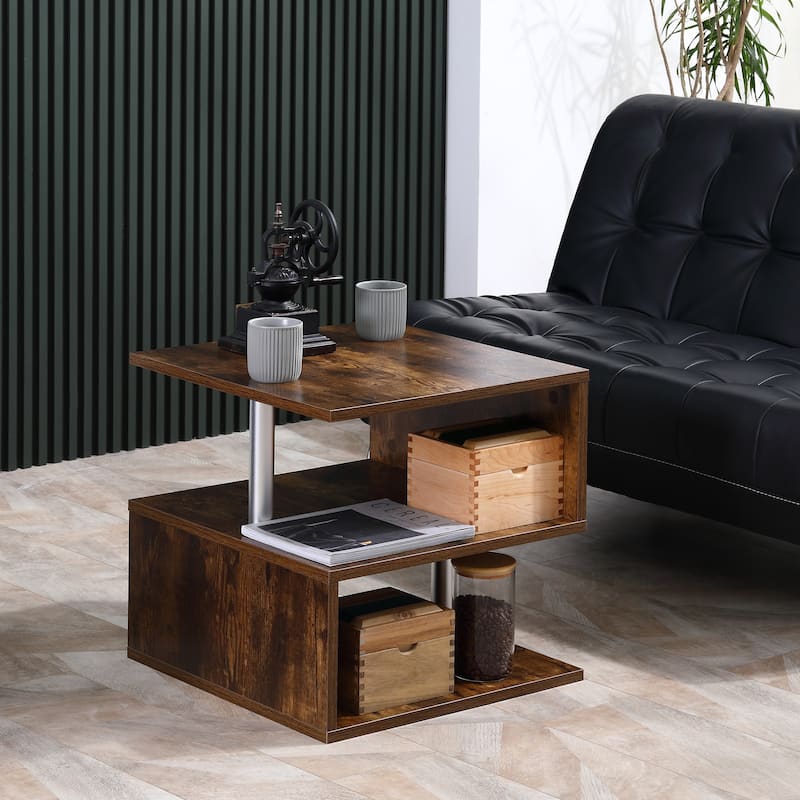 HOMCOM 20" Chic Designer S-Shaped Multi-Level Accent End Table Shelf with Steel Poles, White - Brown - MDF