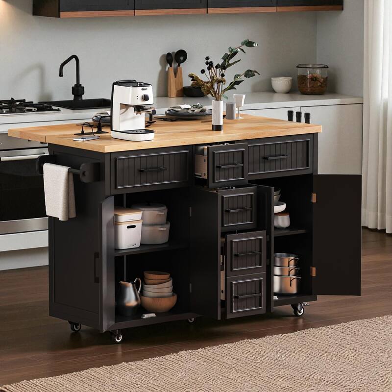 56.5" Farmhouse Kitchen Island with Drop Leaf & Power Outlet, Rolling Cart with 5 Drawers, 4 Doors, Adjustable Shelves & Wheels