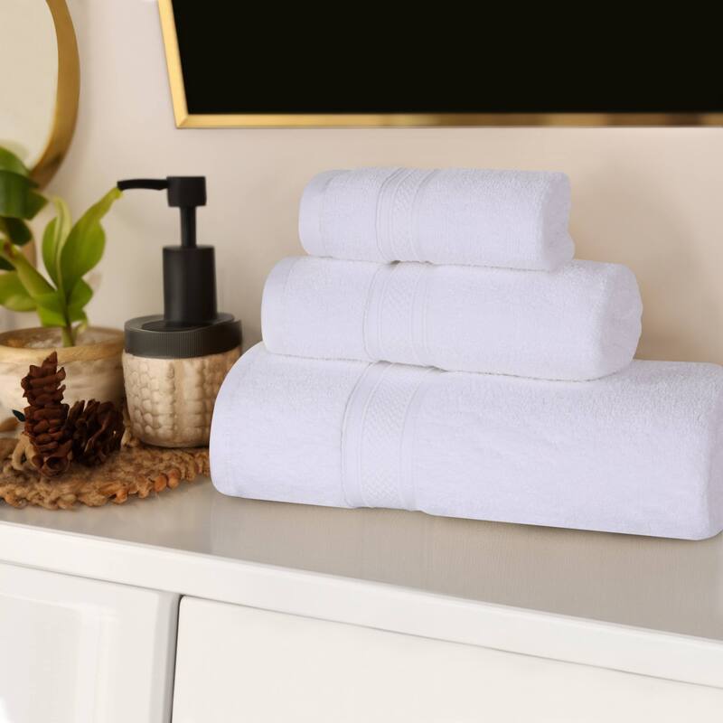 Superior Chevron Zero Twist Solid Cotton 3 Piece Bathroom Towel Set - White
