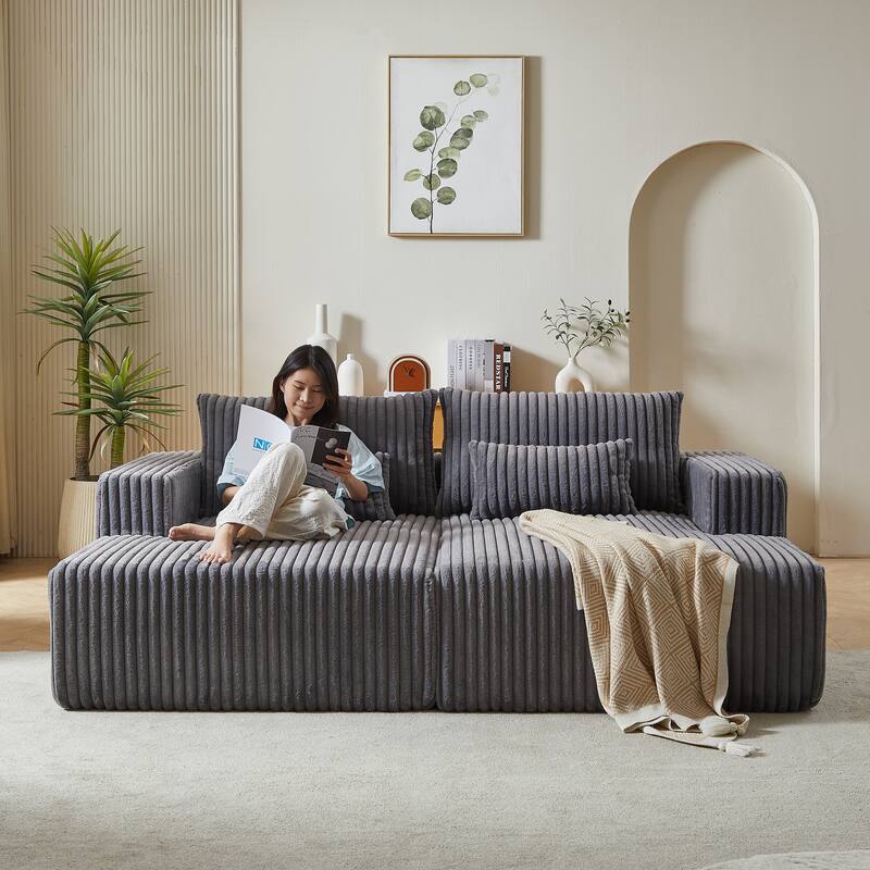 87'' Lounge Chaise Sleeper Sofa - Soft Corduroy Couch with Ottoman Bench and Pillow Support
