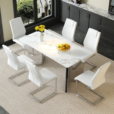 Table and chair set, Luxurious Sintered Stone Dining Table Set - 6 High-quality PU Chairs With Arched Metal Legs
