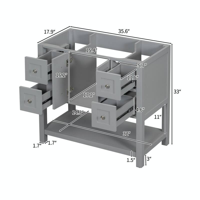 36'' Freestanding Bathroom Vanity Cabinet with 4 Drawers and Soft-Closing Doors