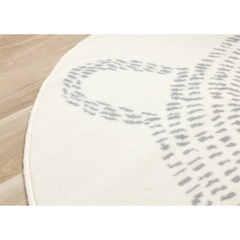 Round Kids Cream Grey Teddy Bear Area Rug, 5'3" x 5'3" - 5'3" x 5'3"