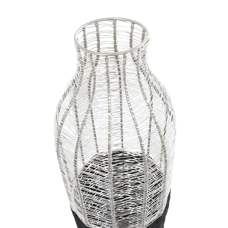Metal Tall Decorative Vase with Woven Black Rattan Base - Silver - Roche River Decor