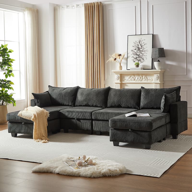 Roomfitters 113.5" Modular Corduroy U-Shaped Sectional Sofa, 6-Seater Convertible Couch with Chaise and Storage Ottoman - Black