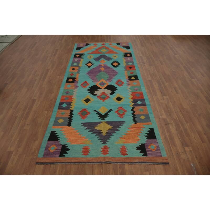 Hand Woven Oriental 100% Wool Carpet Southwestern Modern Navy Blue & Blues Kilim Area Rug - 11' 6'' X 4' 10''