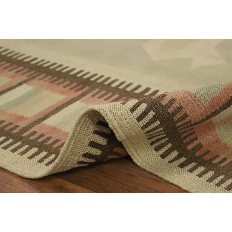 Hand Woven Oriental 100% Wool Carpet Southwestern Tribal Green Kilim Area Rug - 9' 4'' X 6' 1''