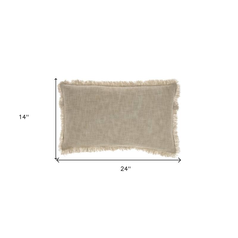 HomeRoots 24" X 14" Taupe Linen Cotton Zippered Pillow With Fringe