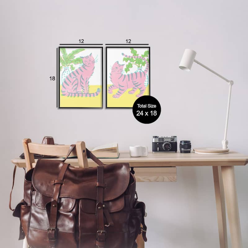 Stupell Pastel Pink Cats & Plants Framed Giclee Art Design By Hannah Moren (Set of 2)