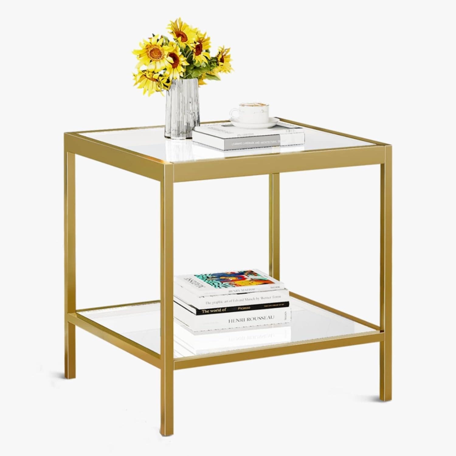 2-Tier Square Side Table with Tempered Glass & Gold Frame - Compact Nightstand for Living Room or Bedroom