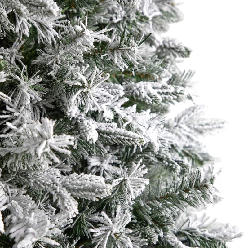 9ft Flocked Christmas Tree with Lights, Artificial Pine Tree, Holiday Decor, Realistic Holiday Tree - Green - 108