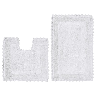 White 2 Piece Cotton Bath Set Anti-Slip Solid Bordered Bathroom Rugs