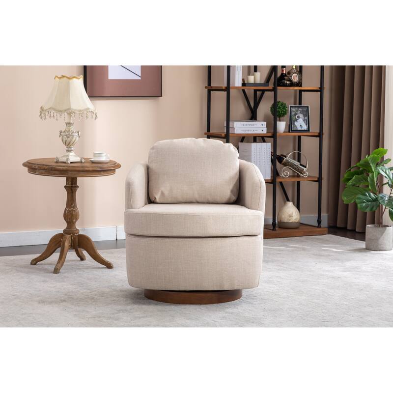 Fabric Swivel Accent Chair With Soild Wood Round Brown Base Leg