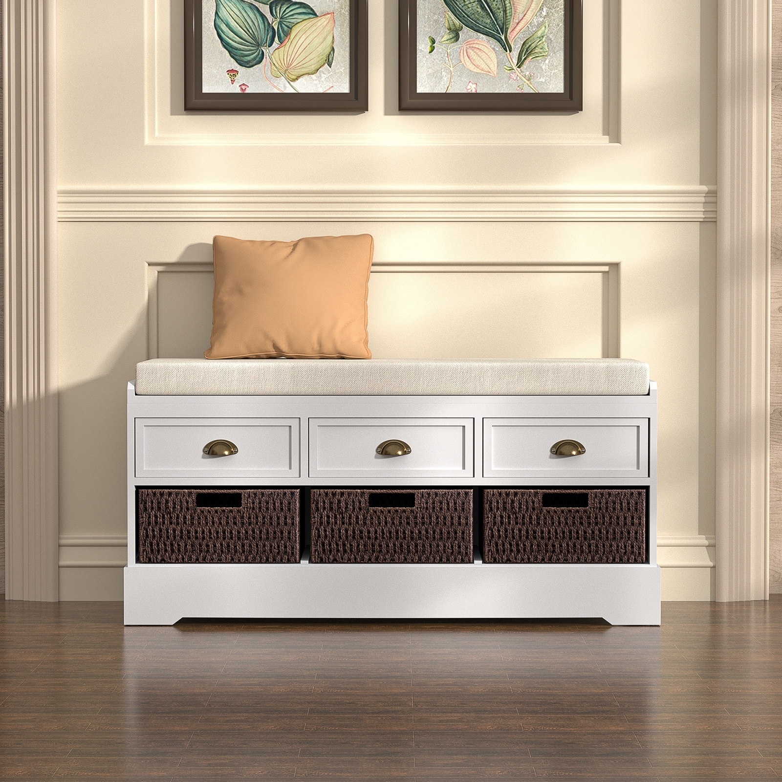 Storage Bench with Rattan Baskets and Removable Cushion