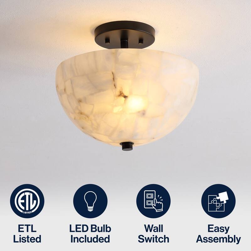 Jules 11.88" 2-Light Modern Alabaster/Iron Inverted Dome LED Semi Flush Mount, White Marbling/Brass Gold by JONATHAN Y