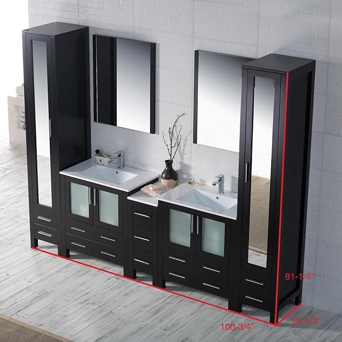 Blossom 102" Solid Wood Double Vanity w/ Sinks, Mirrors & Cabinet