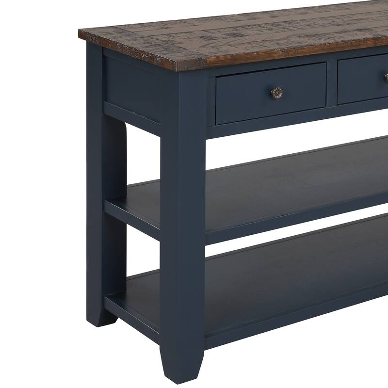 Wood Top Console Table, Modern Entryway Sofa Side Table with 3 Storage Drawers and 2 Shelves. Easy to Assemble (Blue)