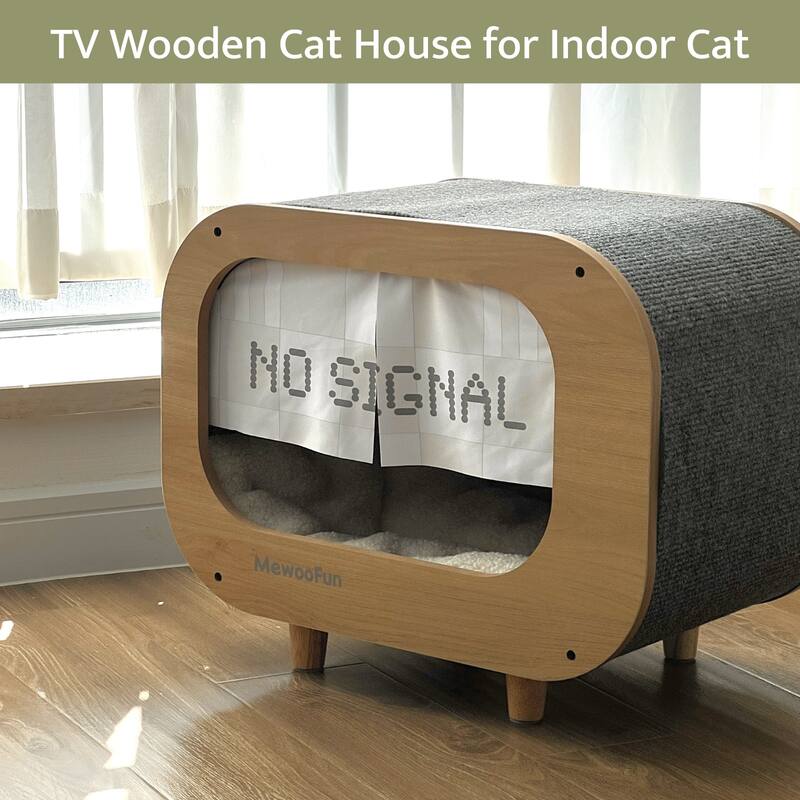 Wooden TV-Shaped Cat Bed, Cat House with Cushion