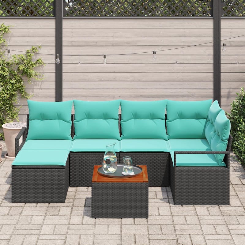 vidaXL 7 Garden Sofa Set with Cushions Black/Grey Poly Rattan - 91.3 x 48 x 27.2