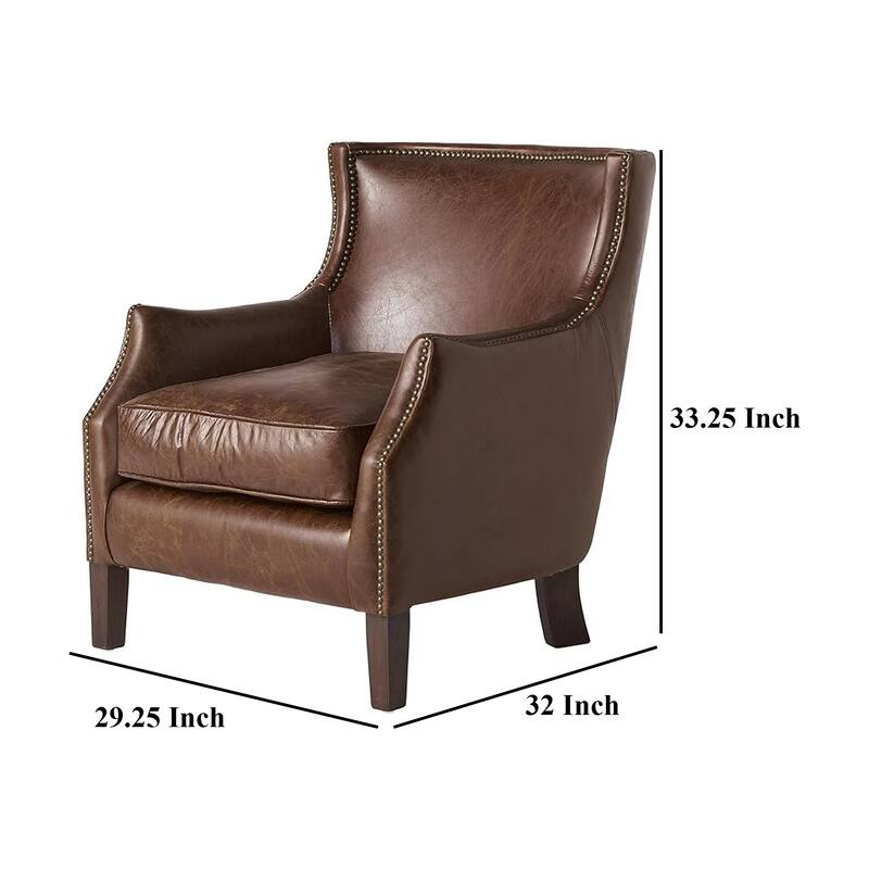 Accent Sofa Chair, Studded Trim, Brown Top Grain Leather, Rubberwood