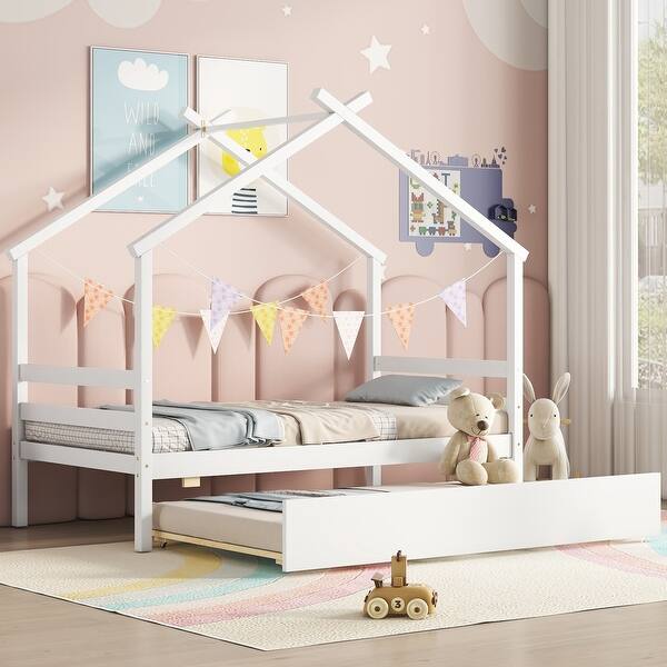 slide 2 of 12, White Twin Pine House-shaped Bed with Trundle & Roof White