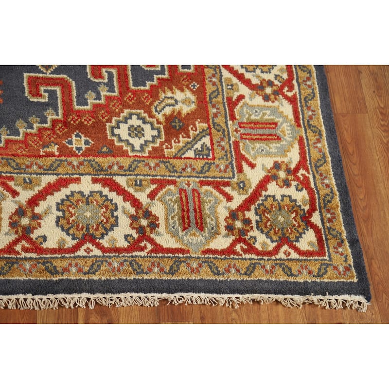 Blue Geometric Viss Indian Area Rug Handmade Wool Carpet - 5'10" x 8'10"