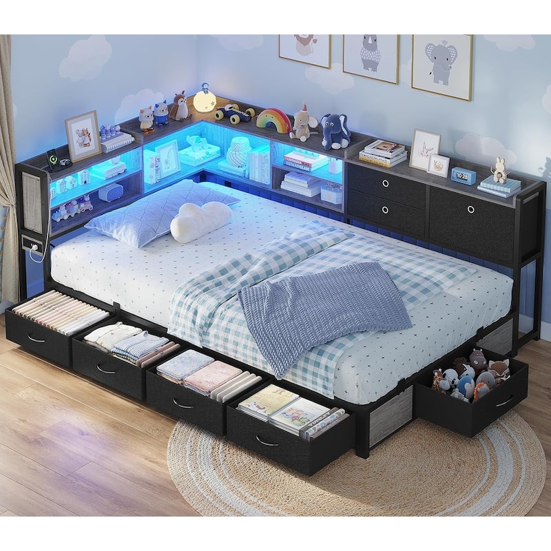 Corner Bed Frame Charging Station Twin Daybed 8 Storage Drawers Bookcase
