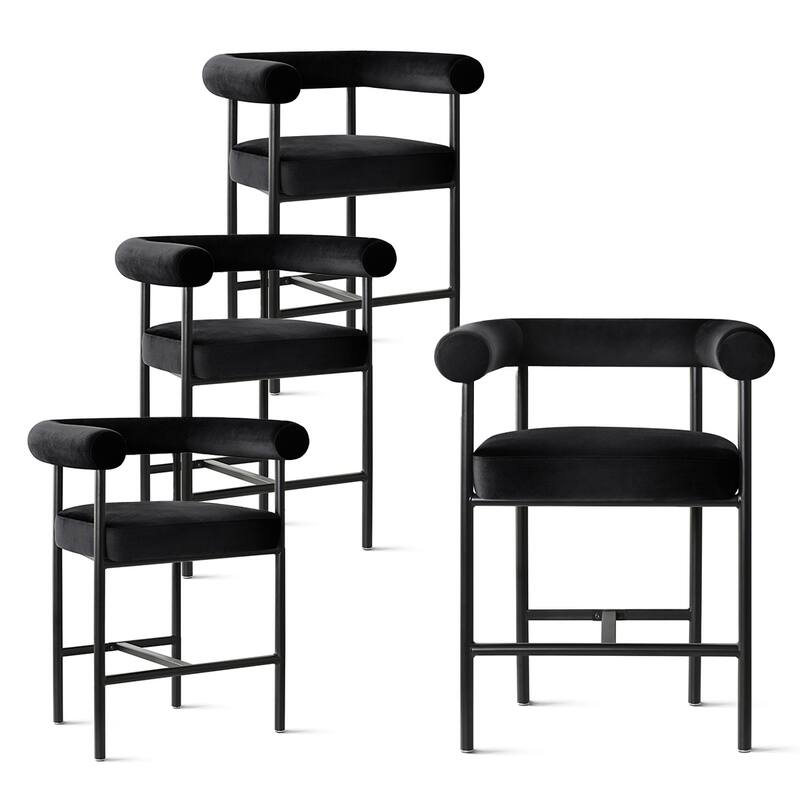 Velvet Counter Height Bar Stools with Arms, Curved Back, Metal Frame (Set of 4)