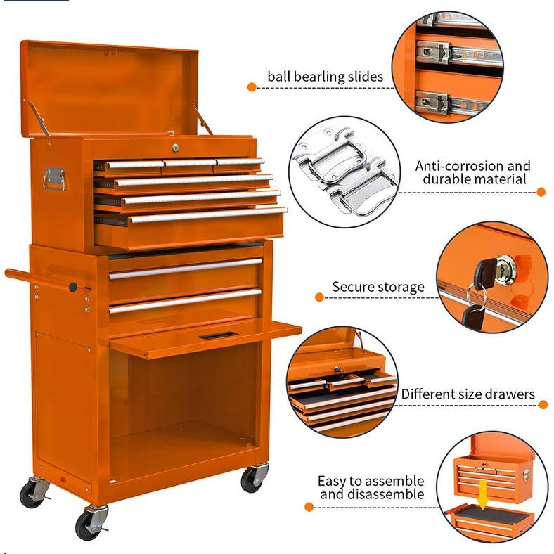 Tool Chest Box Combo with 8 Drawer 24"W, Rolling Tool Storage Cabinet