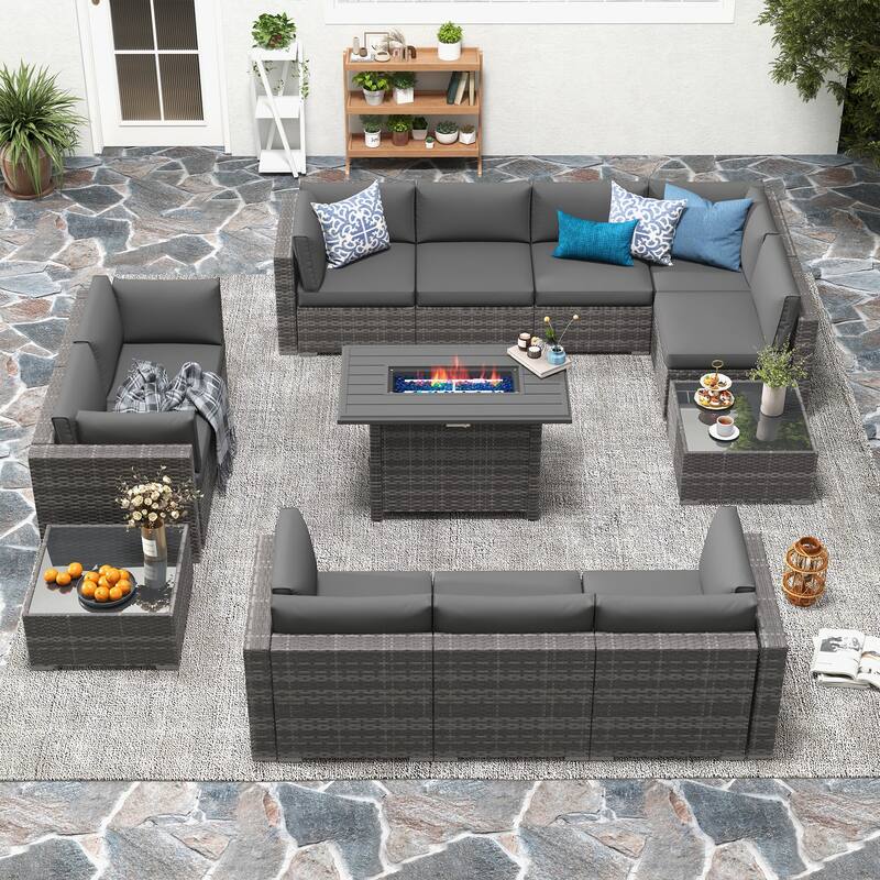 13 Piece Wicker Set Patio Sofa Furniture with Fire Pit And Table - Dark Grey