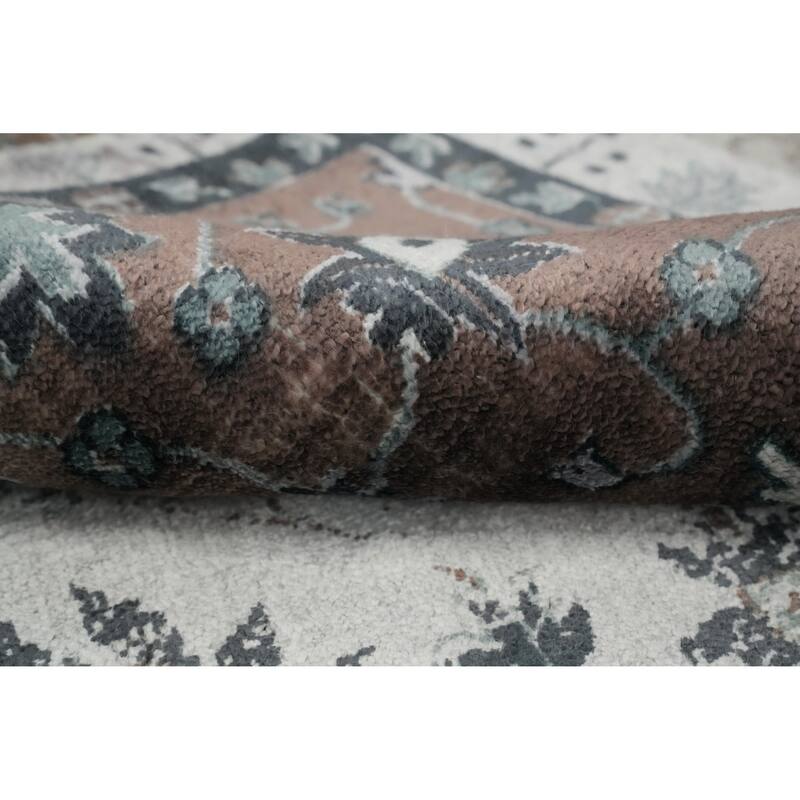 Hand Knotted Oriental Viscose Silk Carpet Traditional Floral Beige & Ivories Tabriz Area Rug - 7' 10'' X 5' 0''