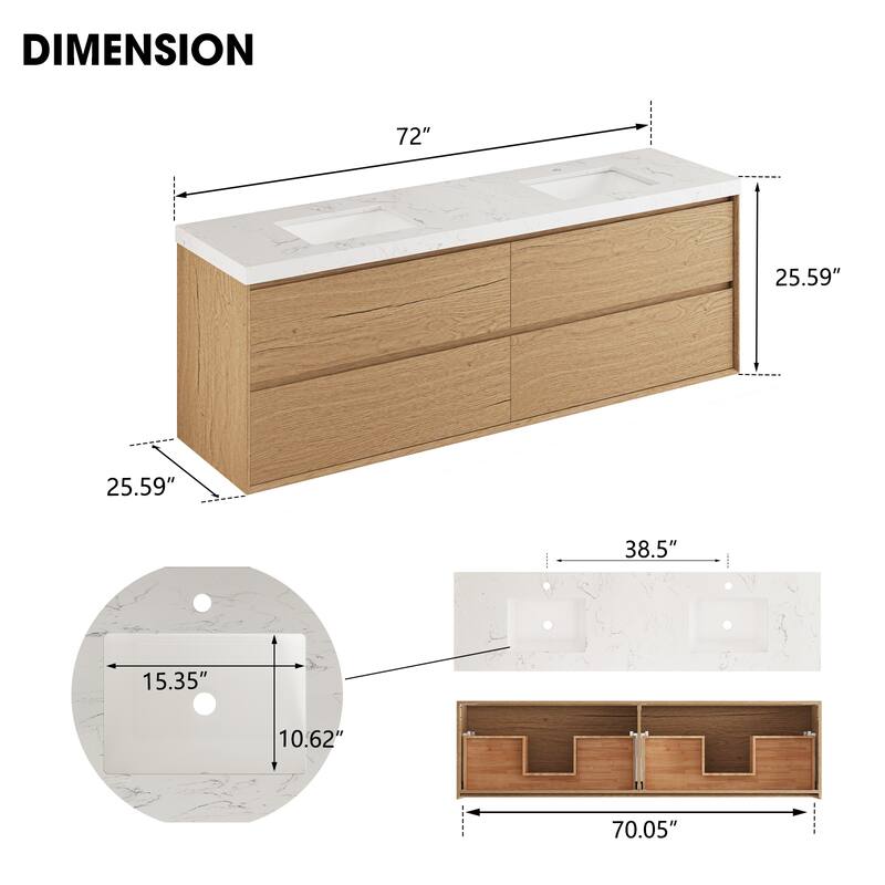 Sylphar 72 inch Bathroom Vanity with Sink, Floating Oak Cabinet with Stone Top