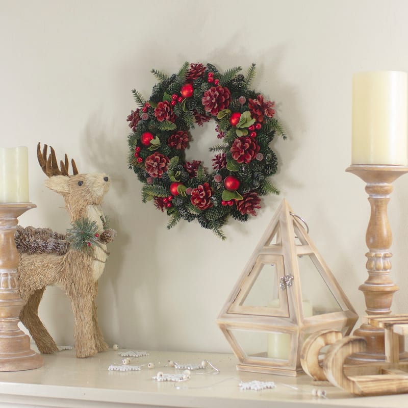 13" Red and Green Pine Cones and Ornaments Christmas Wreath