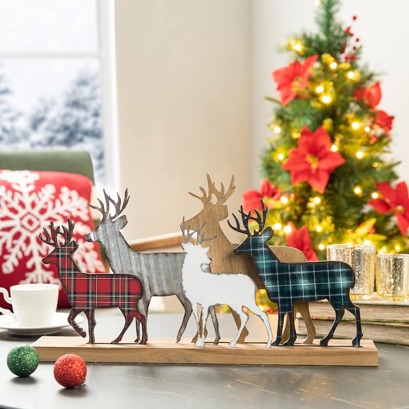 Glitzhome Christmas Galvanized Metal Wooden Reindeer Figurine Table Decor - Colorful Reindeer Family