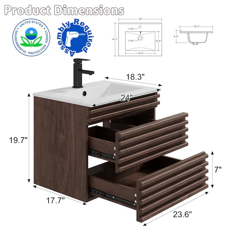 Wall Mounted Bathroom Vanity Set W/ Drop in Sink Mid-Century Cabinet Set