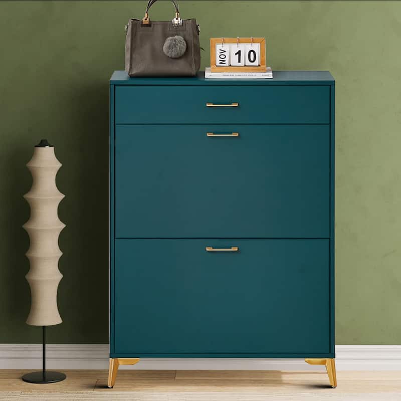 Modern Stylish Wooden Shoe Storage Cabinet with Gold Metal Handles and Legs