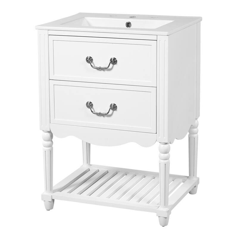 24" Bathroom Vanity with Ceramic Sink, Vintage Wave Design Cabinet with 2 Drawers and Open Shelf