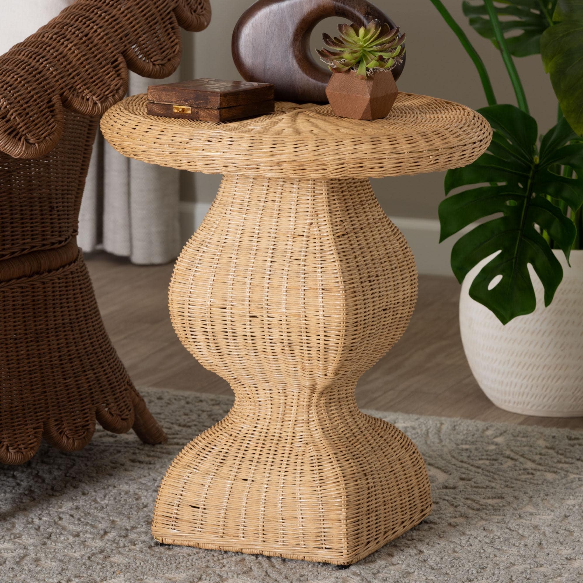 Hideo Natural Rattan End Table - Handwoven Wicker Sculptural Accent Table with Pedestal Base