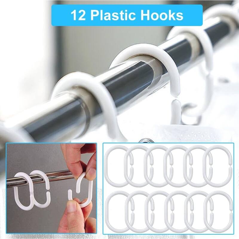 Shower Curtain Liner With 12 Plastic Hooks 72x72 Inches (White Flower)