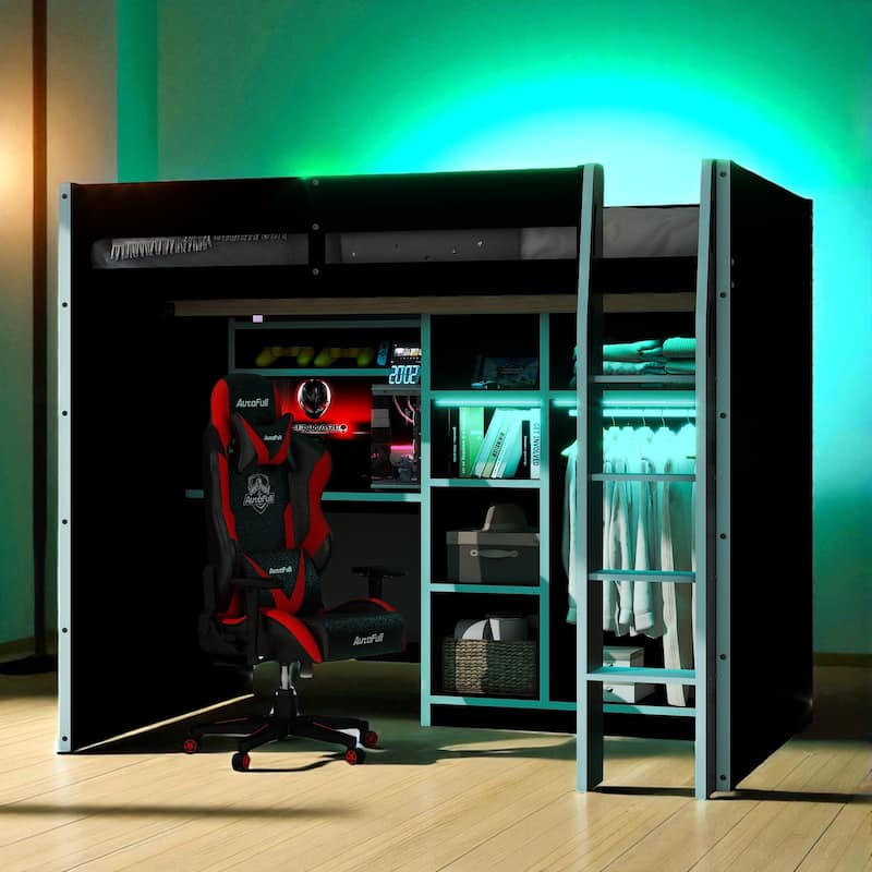 Full Size Wood Loft Bed with Desk, Open Wardrobe, Shelves and RGB LED Lights for Gaming & Storage